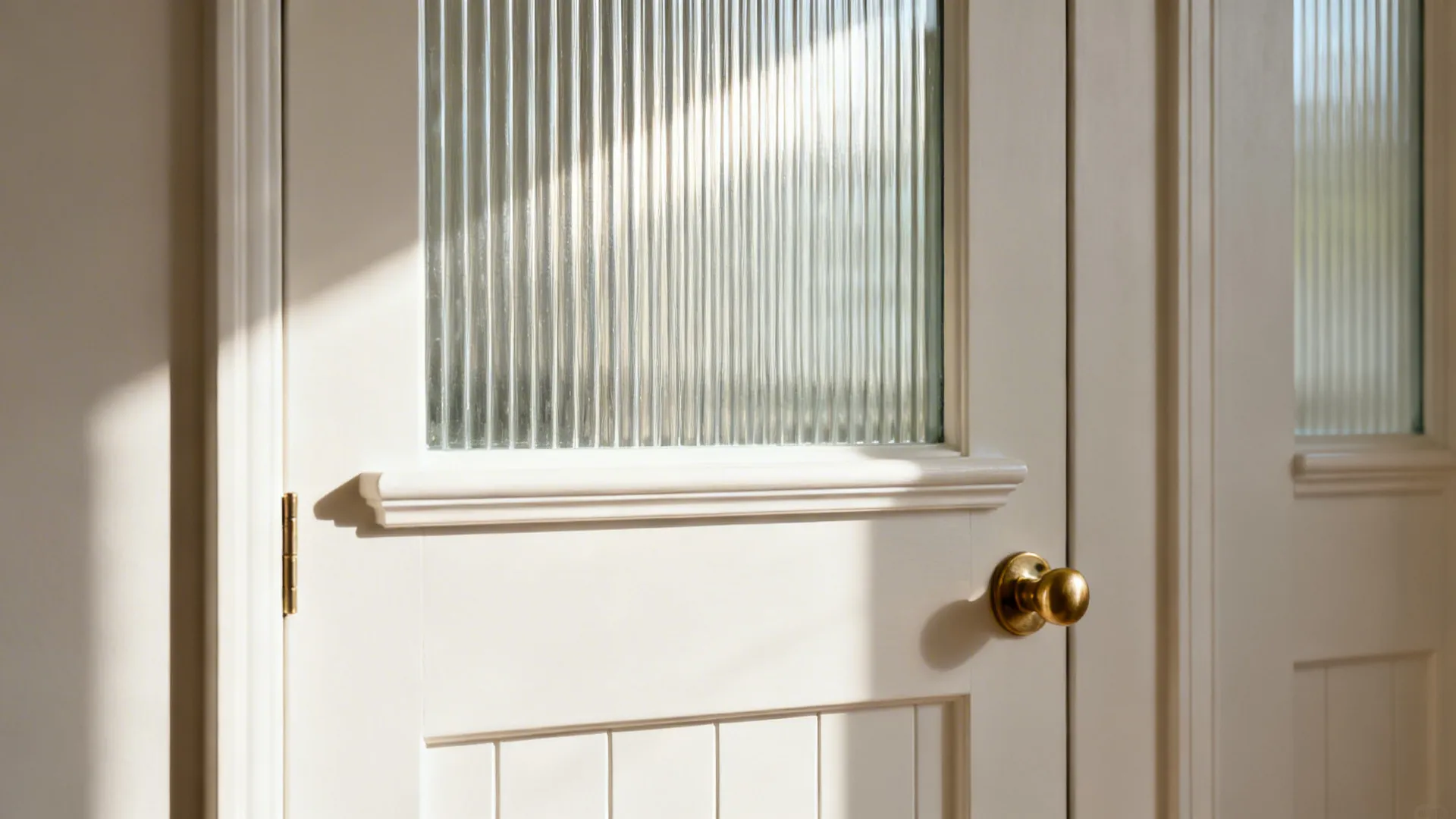 Macro of reeded glass panel meeting a solid lower rail with brass pull.