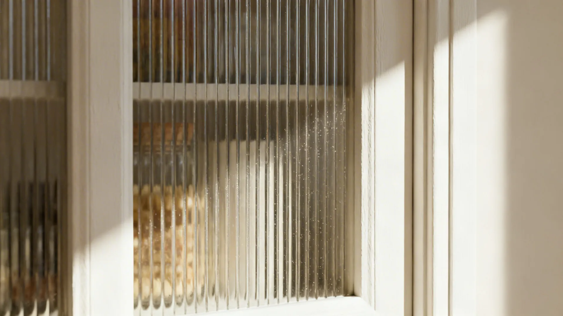 Macro detail of vertical reeded glass on a cabinet door with soft light.