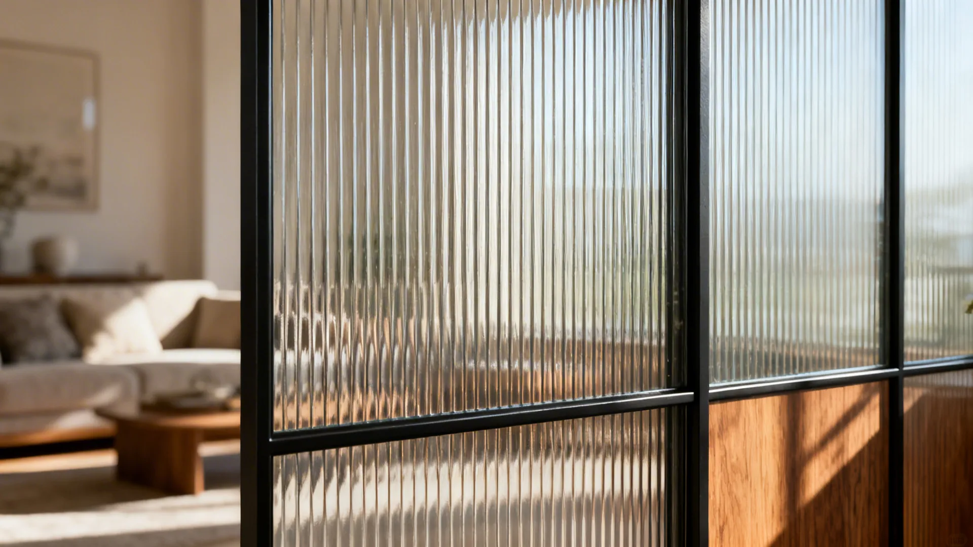 Close-up of reeded glass texture with soft daylight and metal frame.