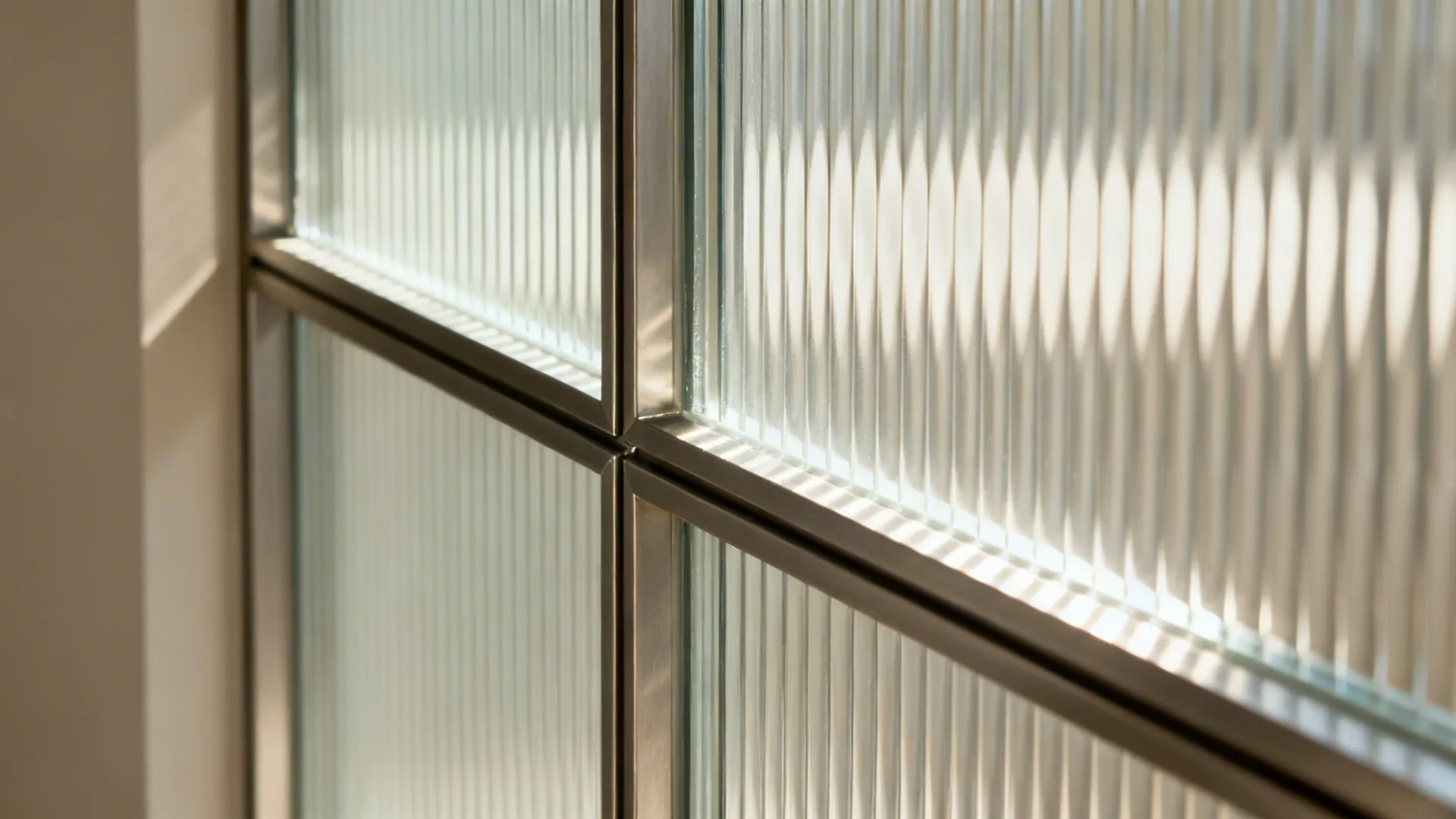 Macro of vertical reeded glass texture within a slim metal door frame.