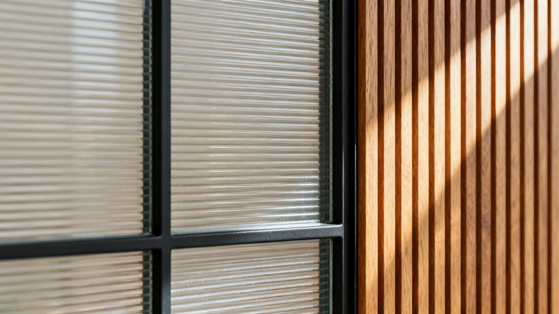 Close-up of ribbed reeded glass in a black frame beside an oak slat.
