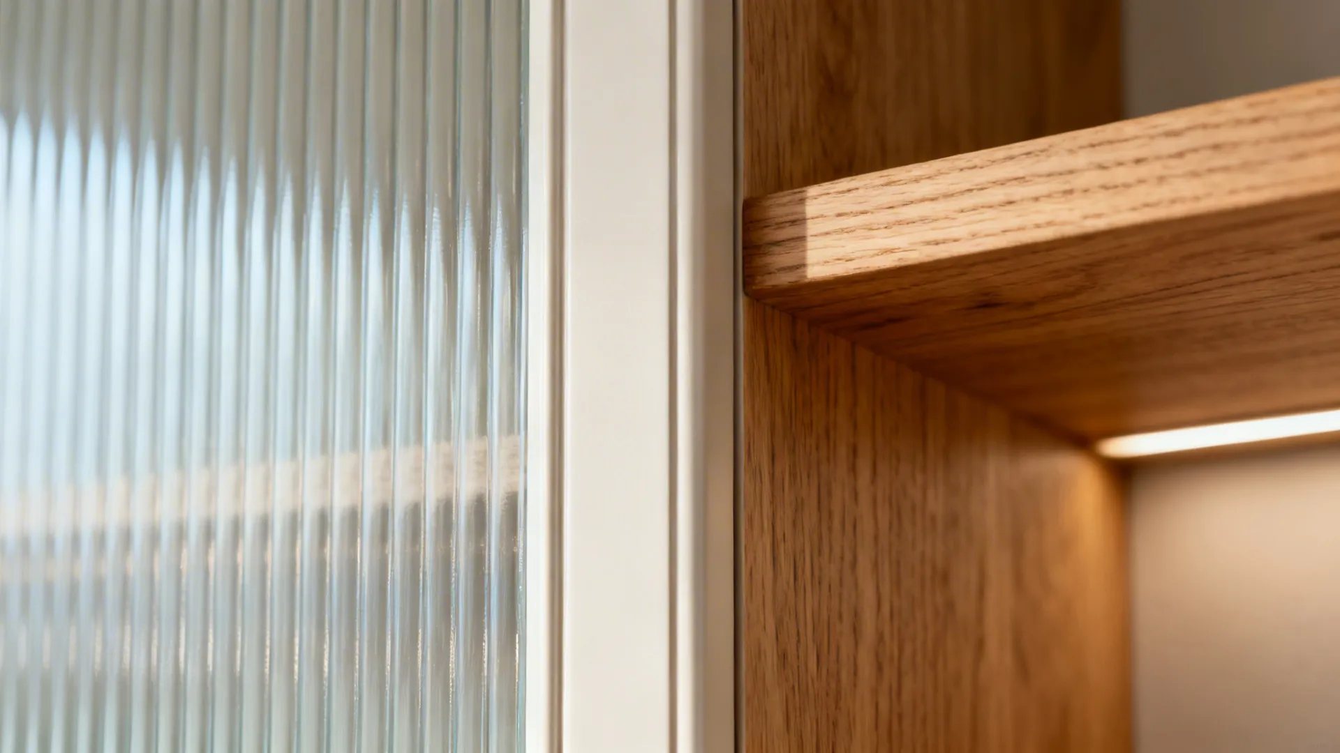 Close-up of reeded-glass cabinet door with slim Shaker frame beside a finely grained oak shelf.