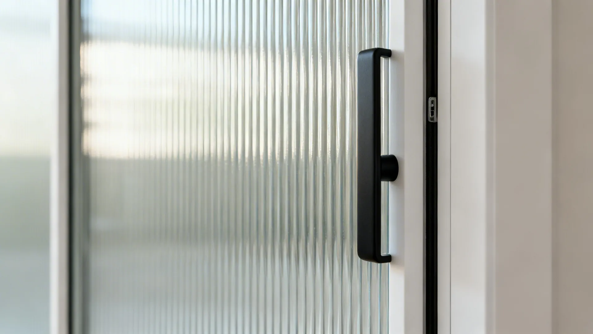 Close-up of reeded glass and slim pull on a pocket kitchen door.