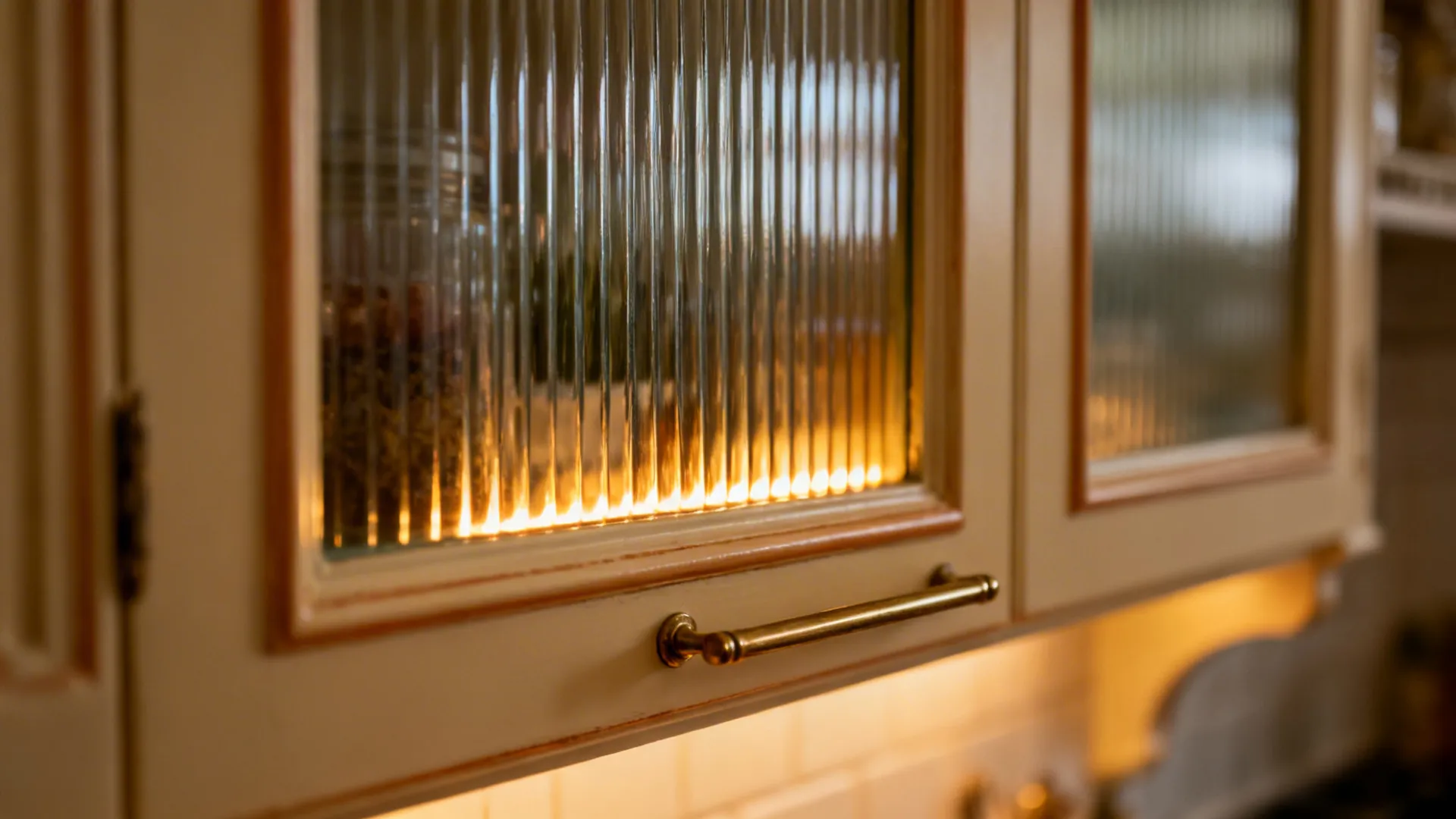 Macro of reeded glass cabinet door with brass pull and warm light.