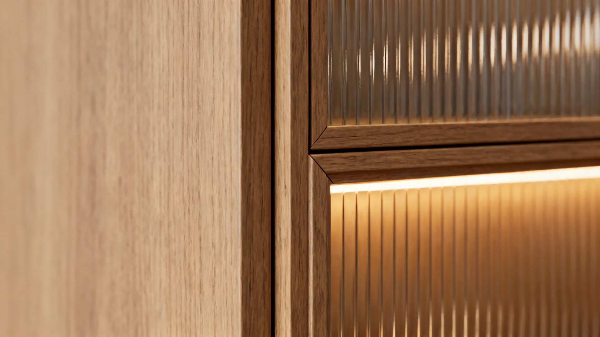 Macro of slim oak frame with reeded glass and warm internal LED lighting.