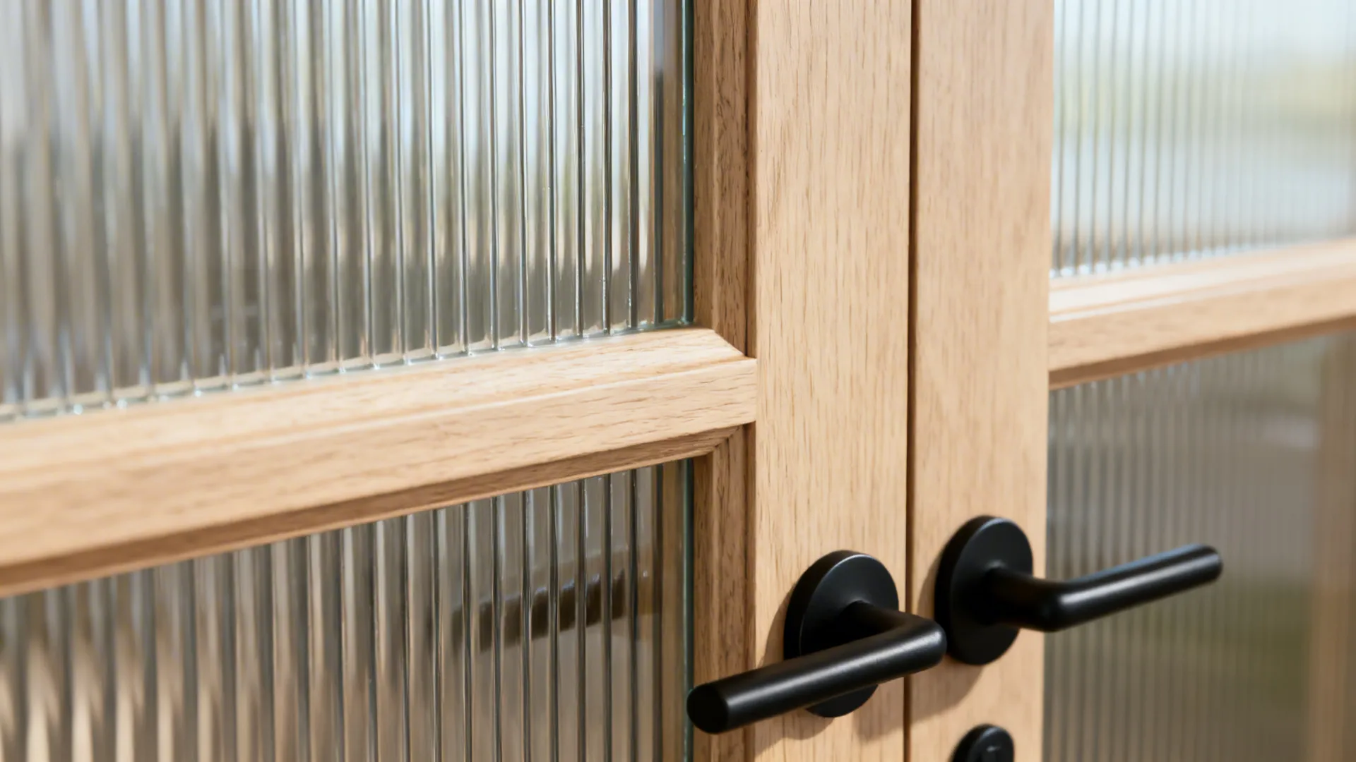 Light wooden door features textured glass panels along with two modern black metal door handles