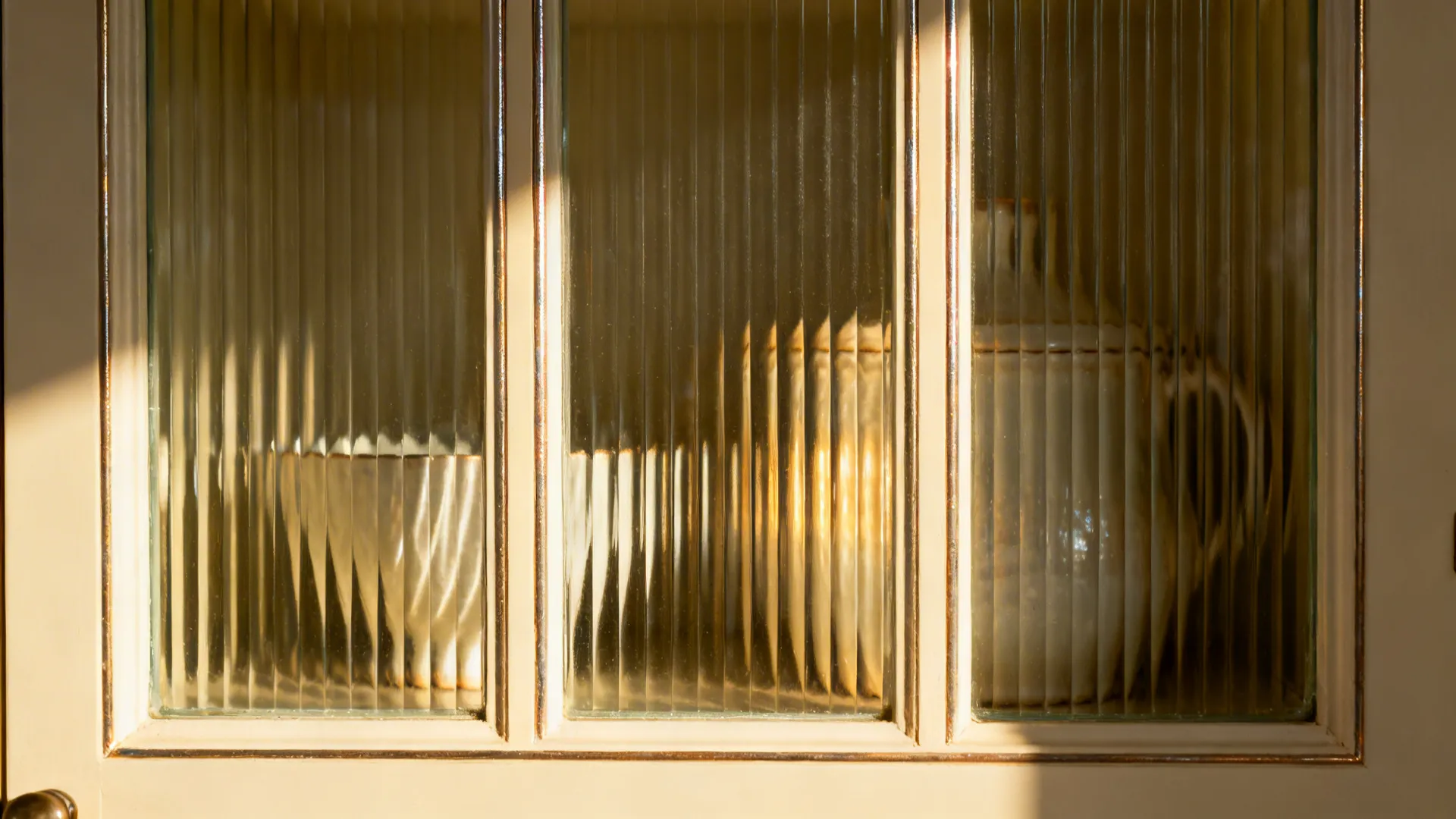 Macro detail of reeded glass insert with vertical flutes set in a painted cabinet frame.