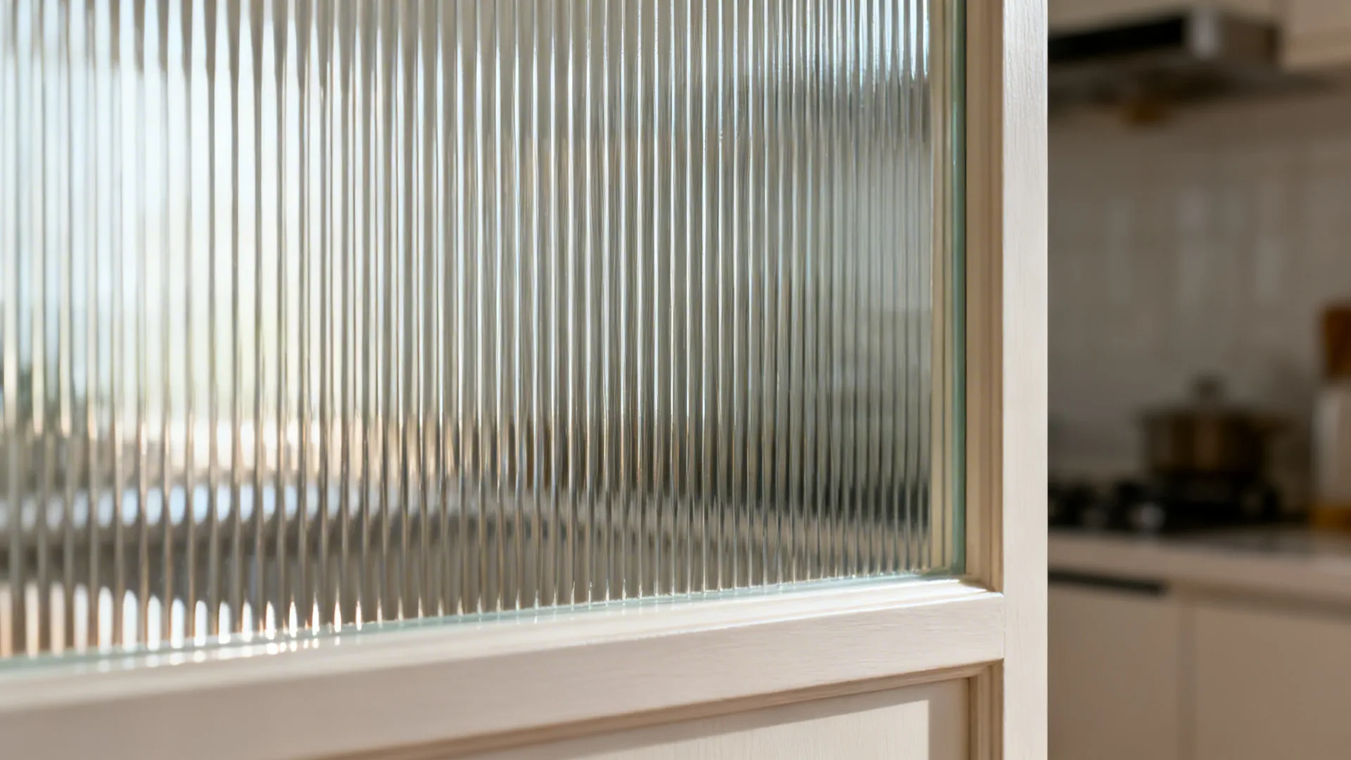 Close-up of fluted reeded glass on a partition softly obscuring the kitchen.
