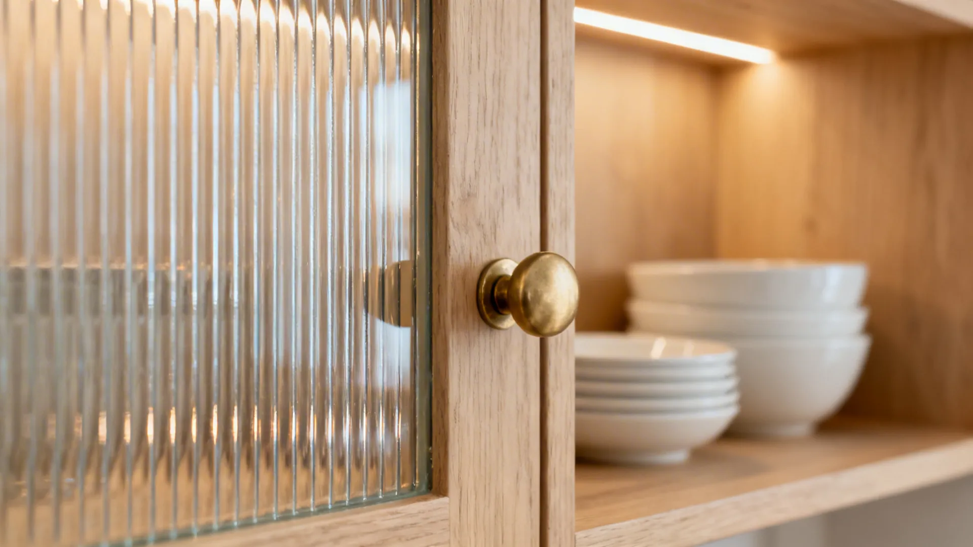 Macro of reeded glass cabinet door glowing with warm under-cabinet light.