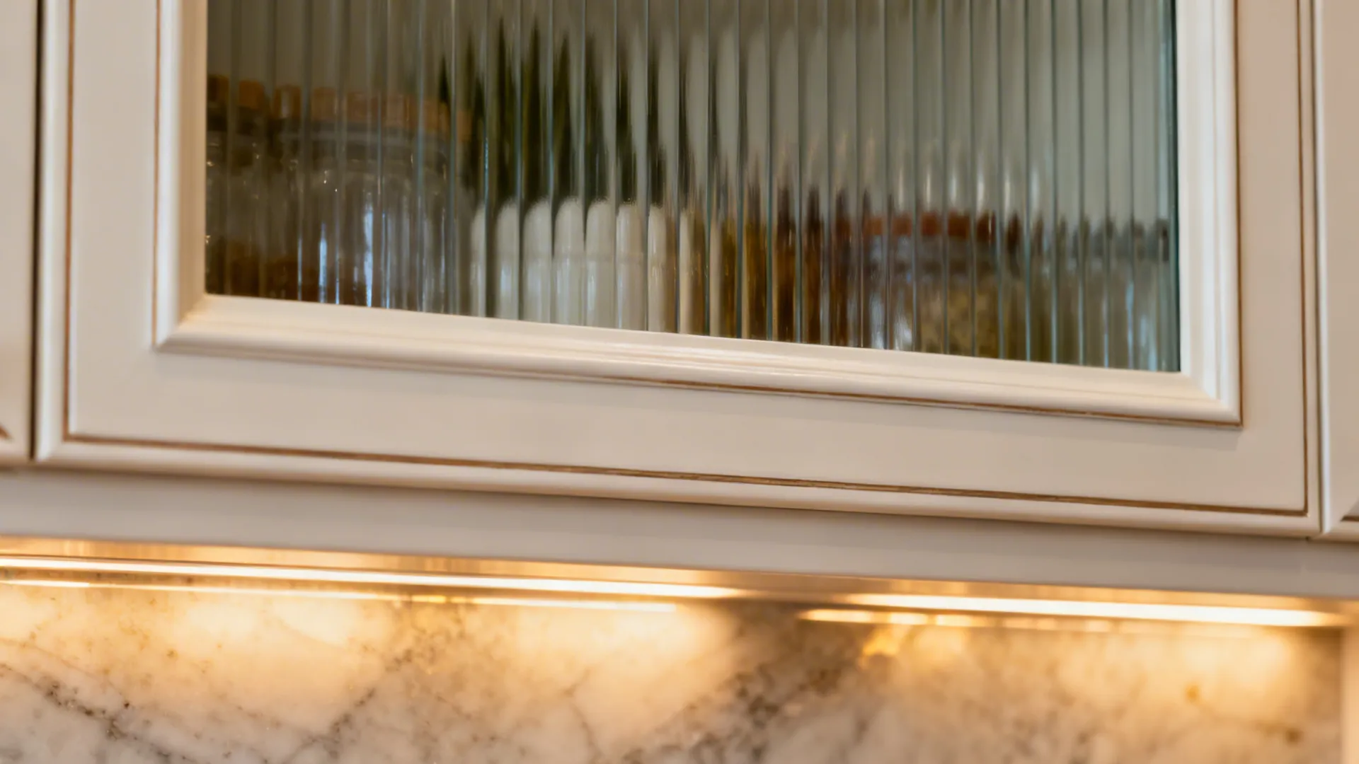 Close-up of reeded glass cabinet door with warm lighting and soft frame detail.