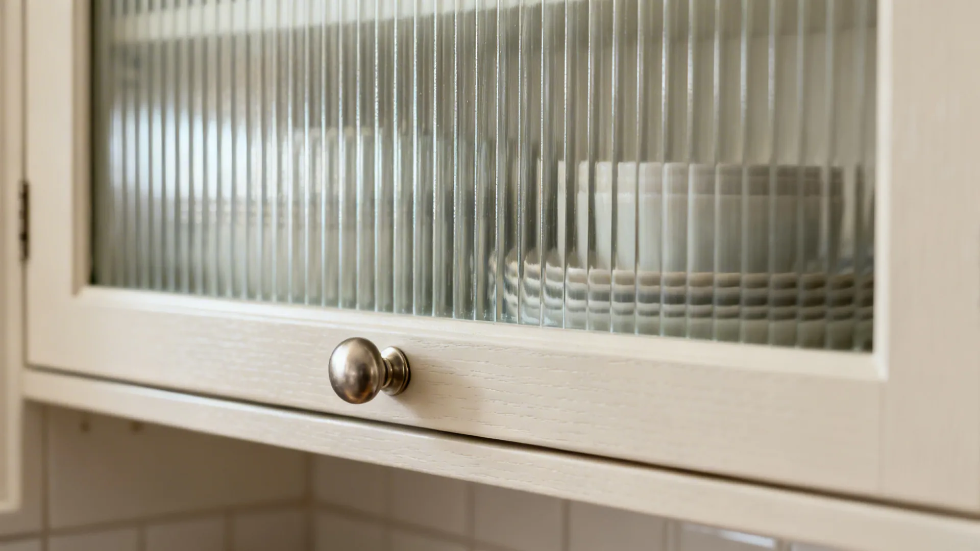 Macro view of reeded glass cabinet door with brushed nickel knob and soft daylight.