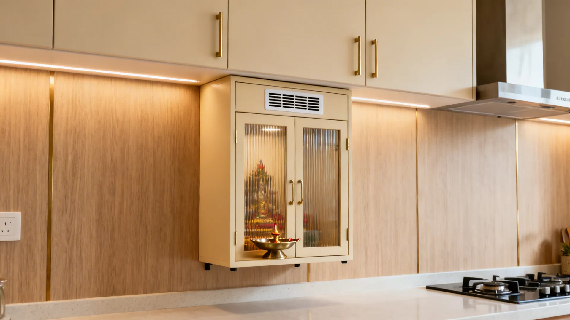 Small wall cabinet with glass doors for a home temple integrated into a modern kitchen