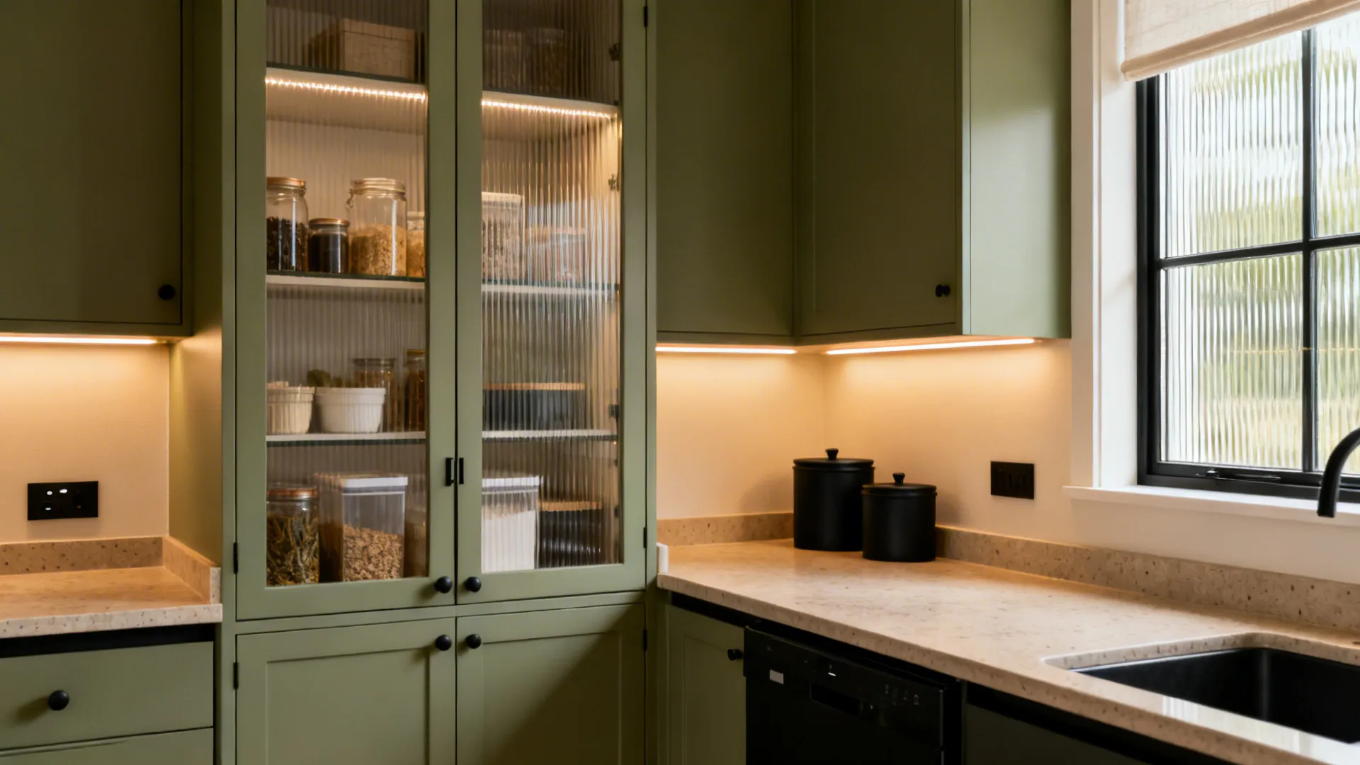 Green kitchen cabinets with glass doors internal light fixture stone counter top and black sink hardware