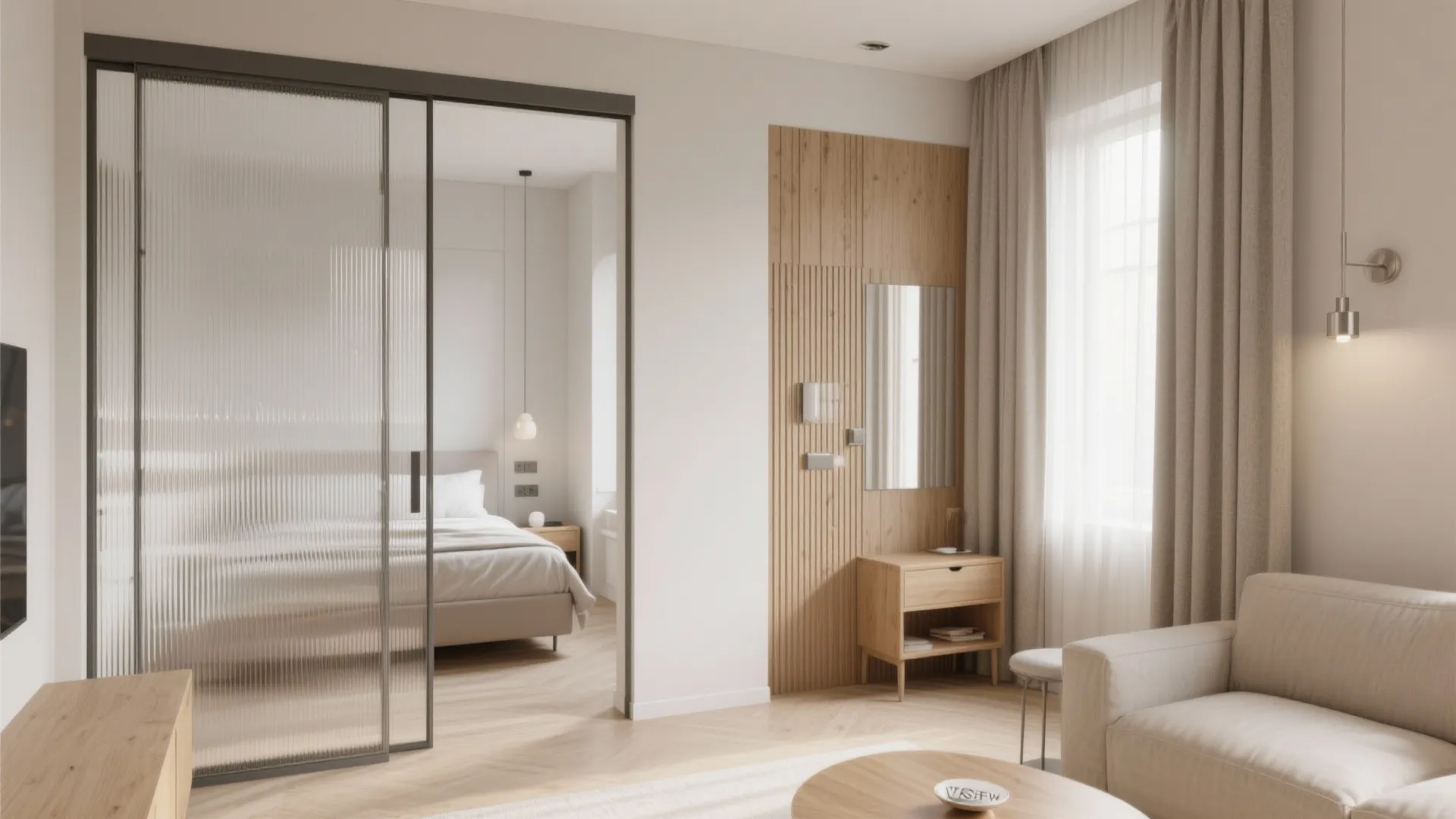 Glass partitions for a borrowed-light bedroom