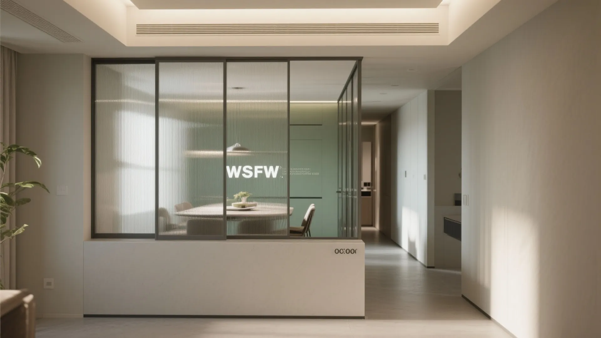 Glass wall partition separating a dining area with modern furniture white walls and soft lighting