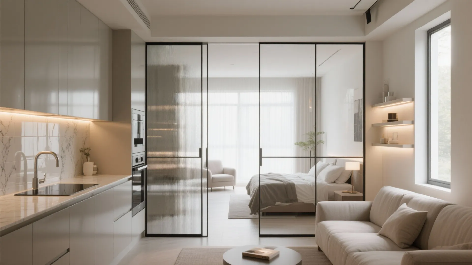 Modern studio apartment layout with glass sliding doors separating the kitchen and small cozy bedroom