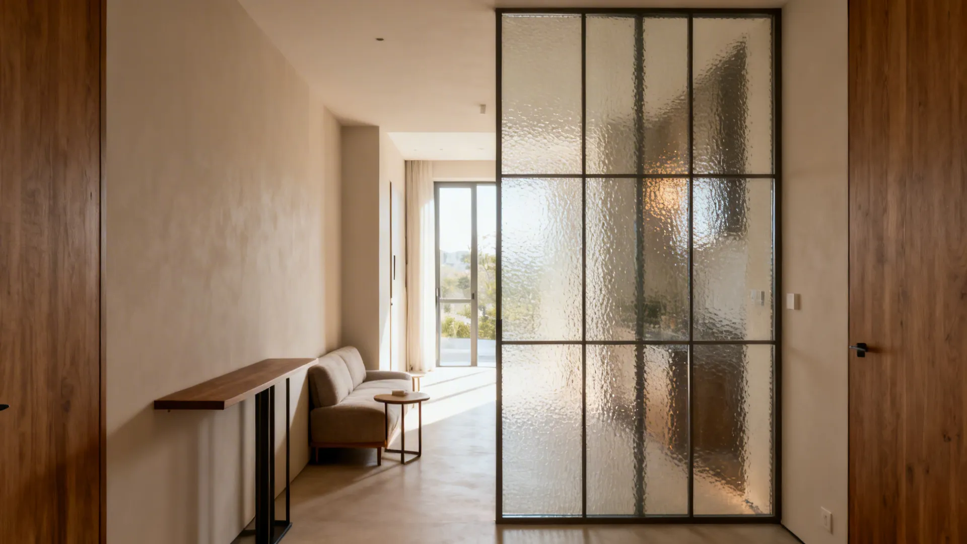 Reeded-glass partition brightens a small drawing room while maintaining privacy.