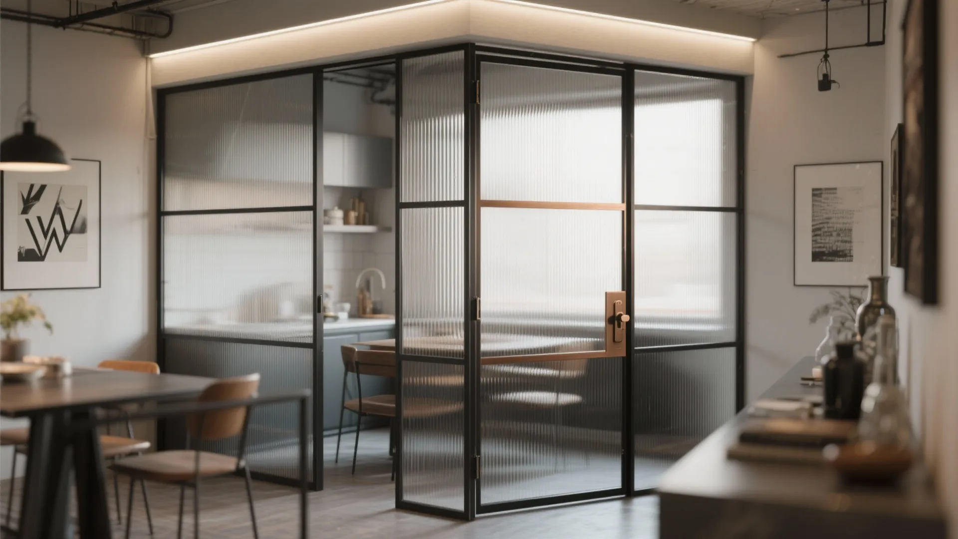 Modern glass room divider with black metal frame separating a dining area and small kitchen