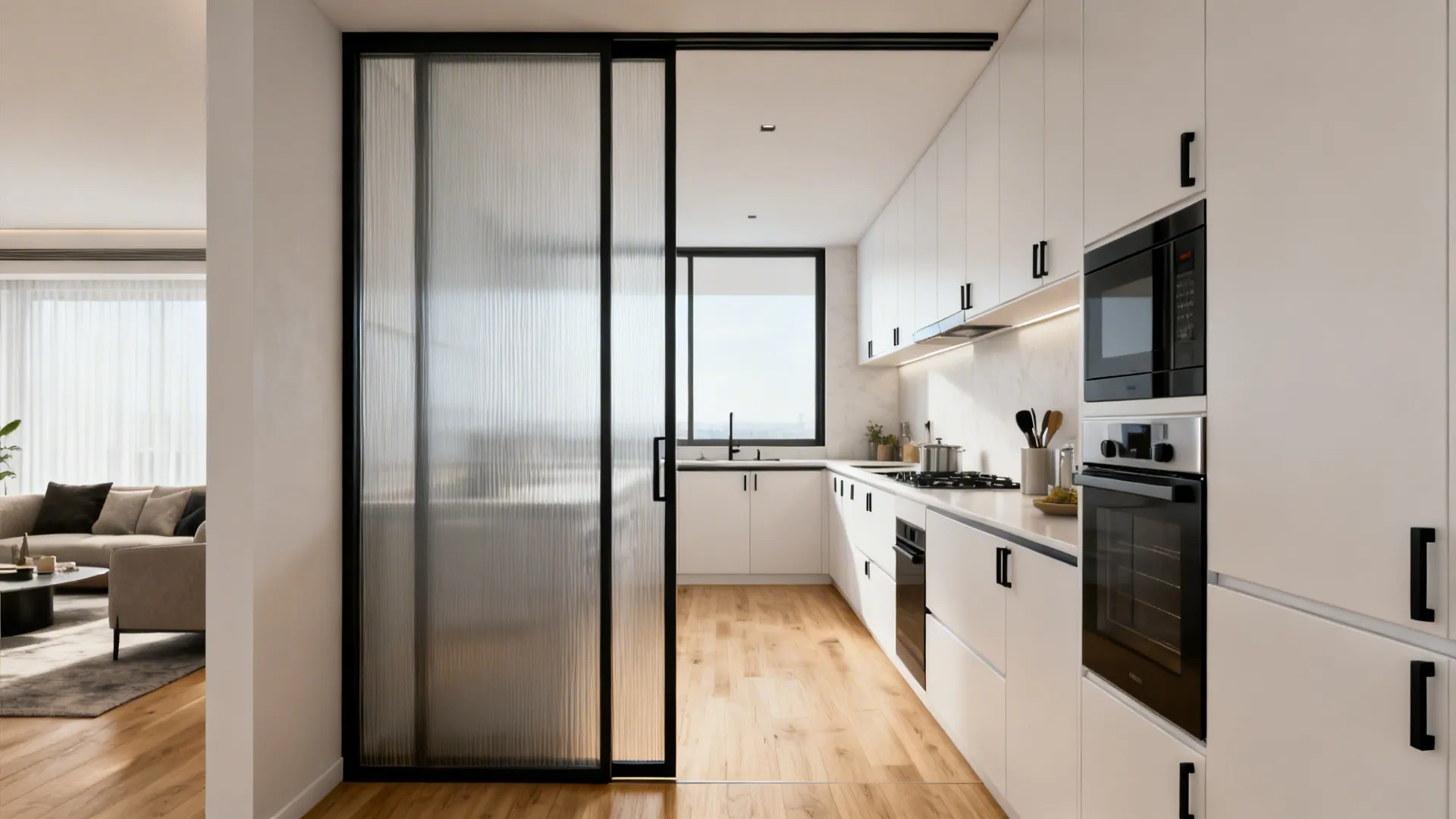 Reeded glass sliding pocket doors zone a narrow galley kitchen while keeping light flowing.