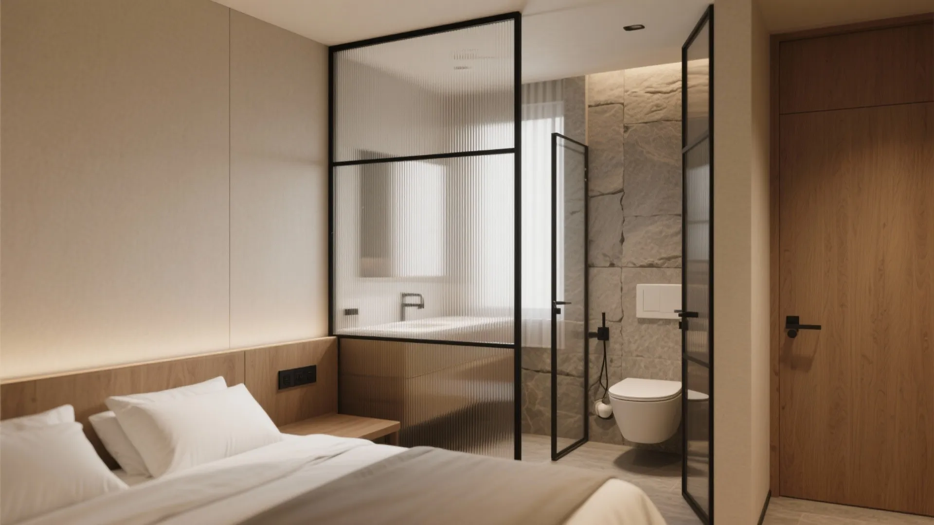 Compact suite with a half-height wall and reeded glass partition that preserves daylight.