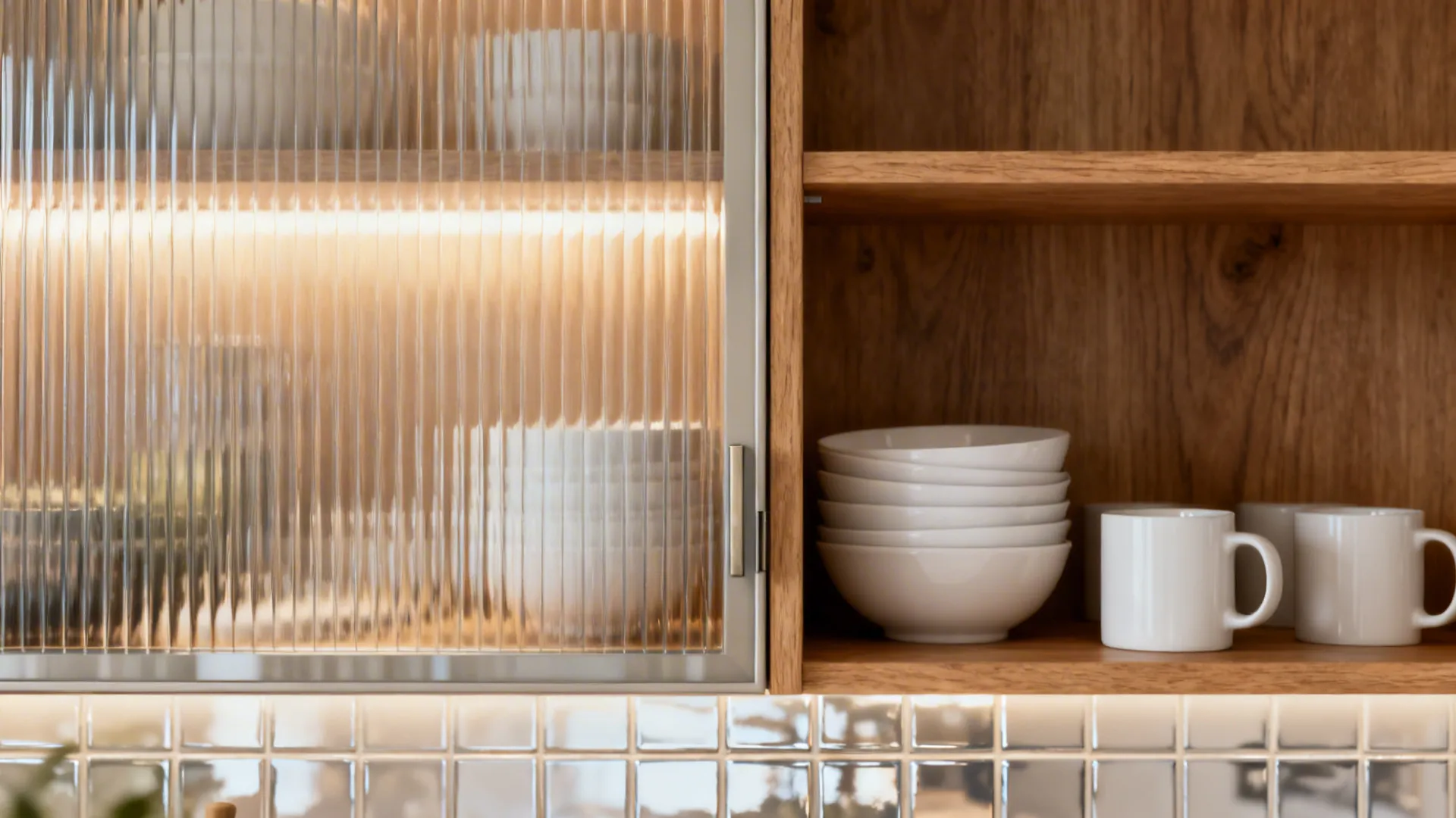 Detail of reeded glass cabinet with soft lighting next to an open oak shelf with white dishes.