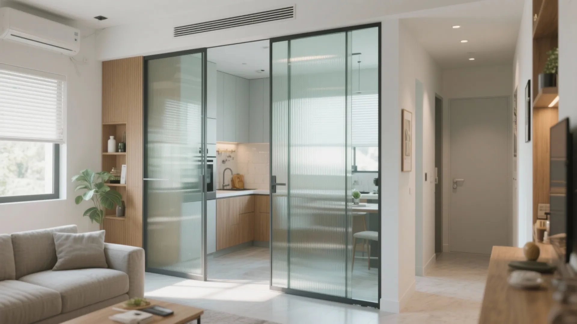 Modern living room with grey sofa and glass sliding doors leading into a bright kitchen