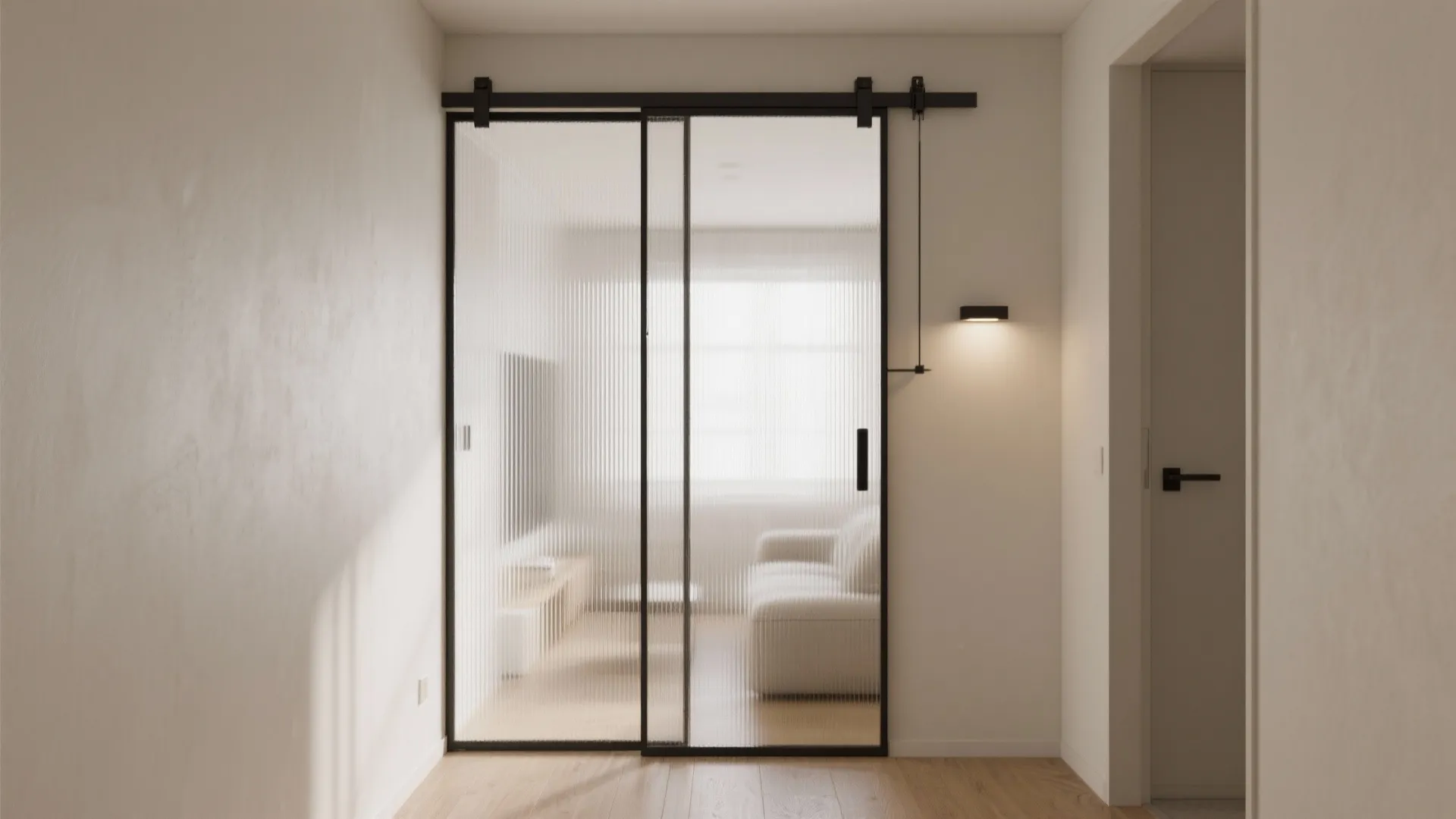 Sliding door with reeded glass pocket partition bringing light through a compact flat.
