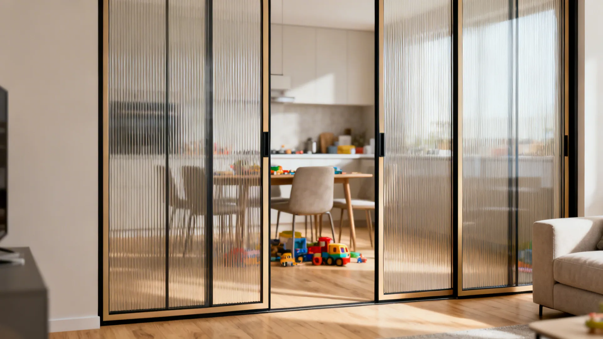 Reeded glass sliding doors diffuse light between a lounge and dining room.