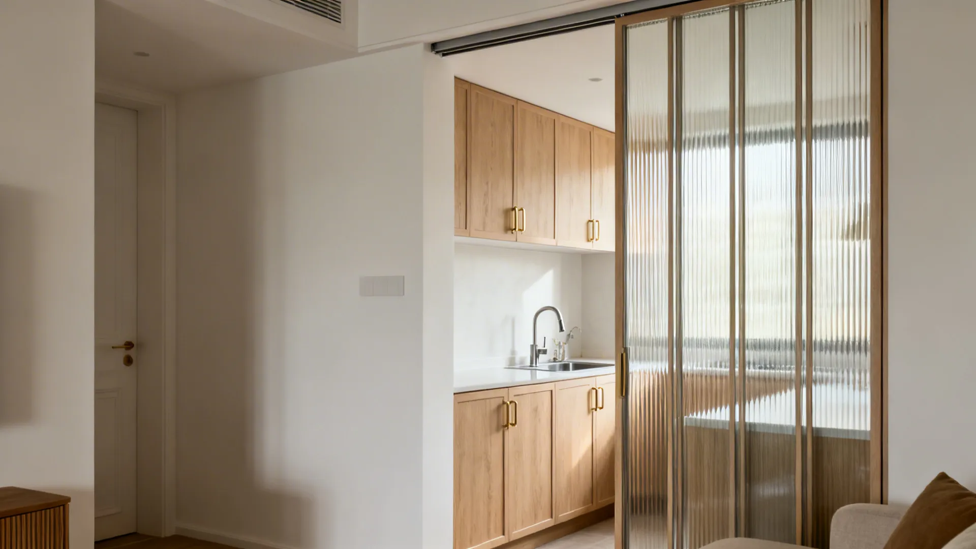 Modern kitchen with wood cabinets gold handles seen through a textured ribbed glass sliding door