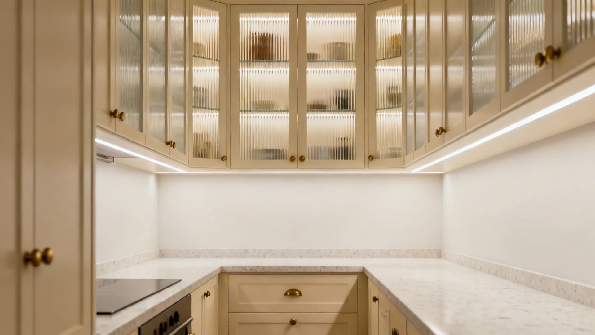 Galley kitchen with reeded glass upper doors and warm under-cabinet lighting.