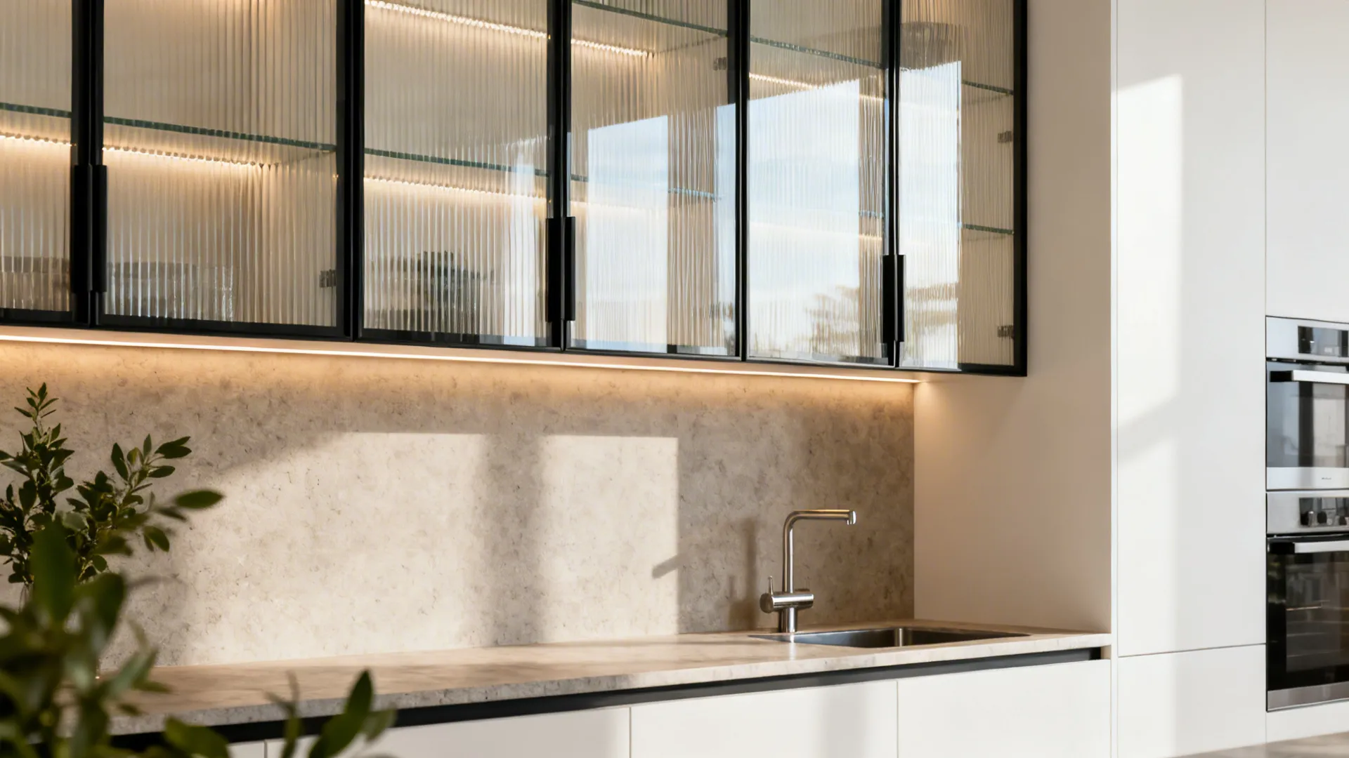 Kitchen with reeded glass upper doors and reflective glass backsplash glowing with warm shelf lighting.