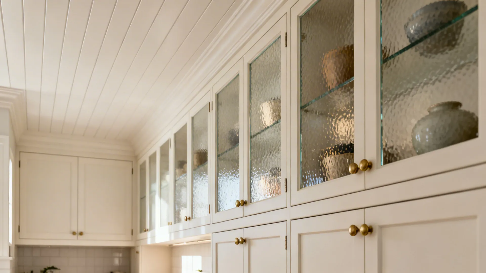 Galley kitchen with reeded glass insert upper cabinet doors that reflect light and blur contents.
