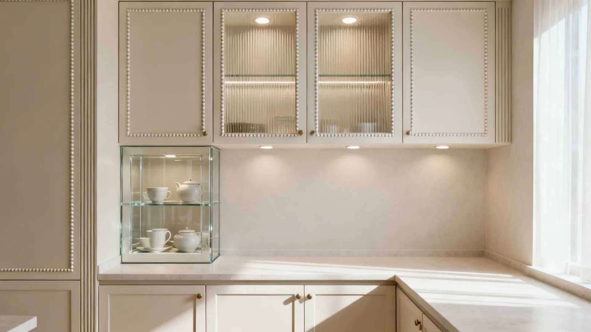 Compact kitchen uppers with reeded glass inserts glowing with interior lights.