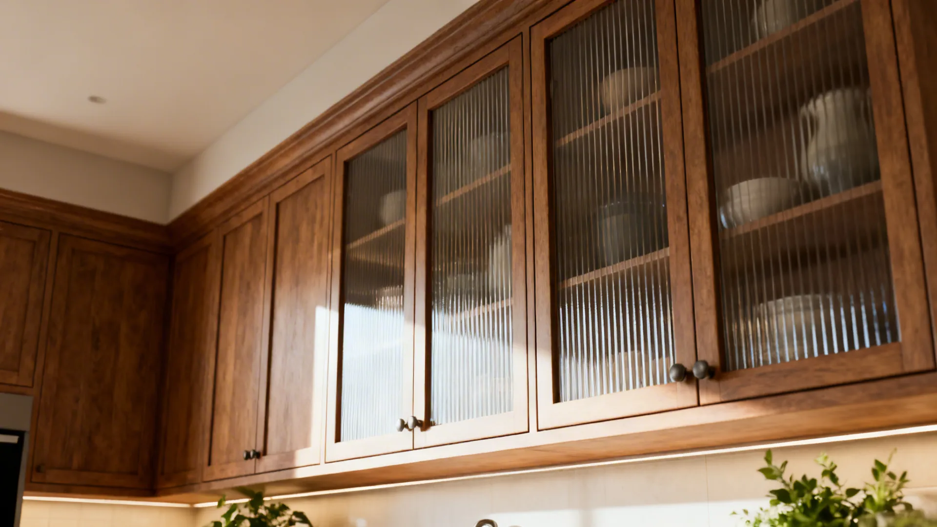Upper kitchen cabinets with vertical reeded glass glowing warmly to blur contents.