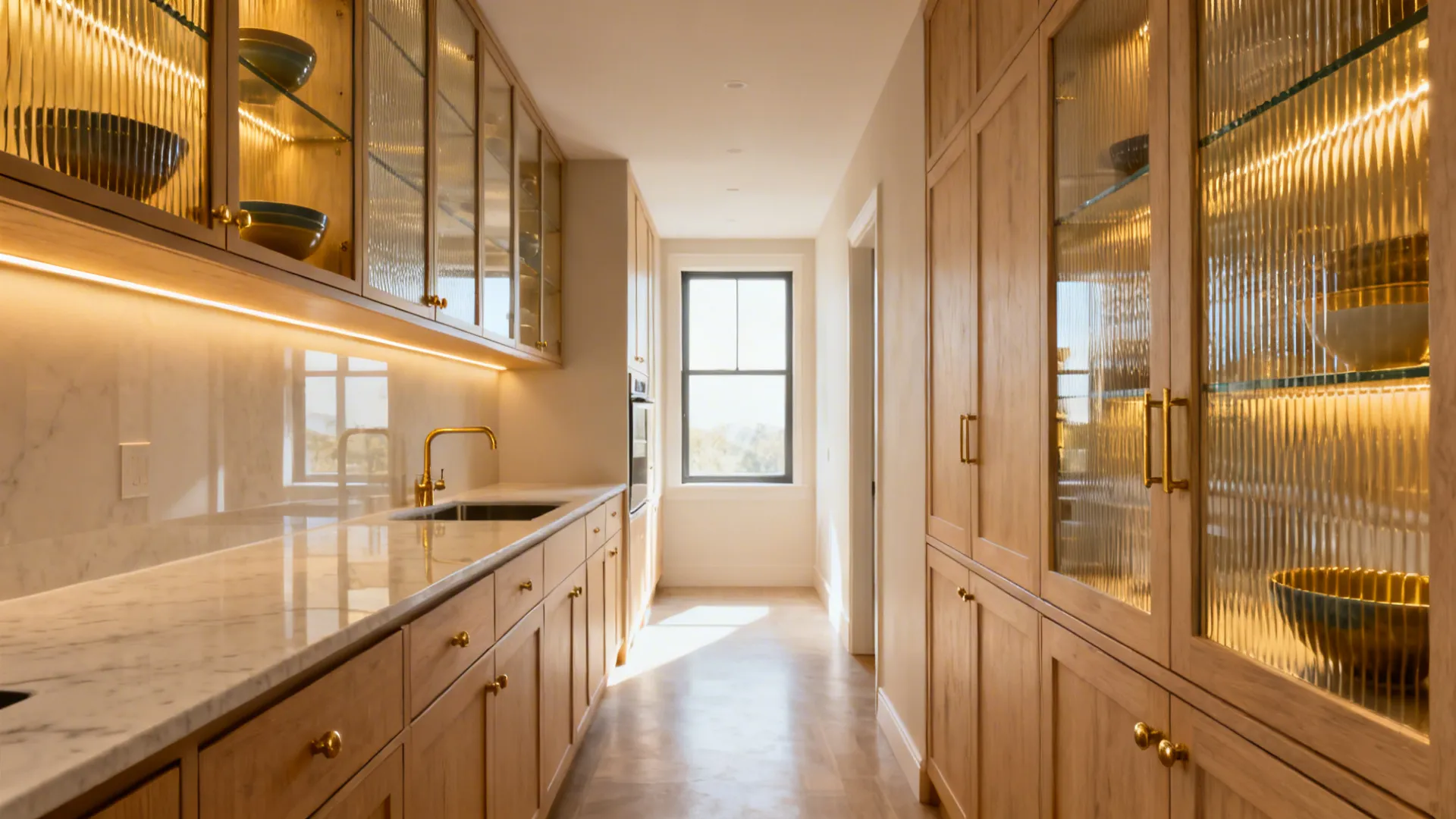 Narrow galley kitchen with reeded glass uppers that lighten the elevation and improve depth.