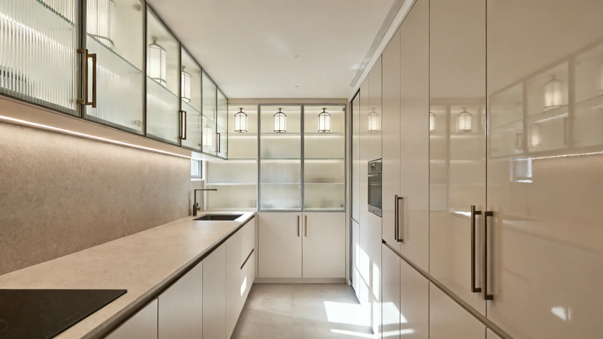 Parallel kitchen with reeded glass uppers and mixed matte and glossy cabinet fronts reflecting soft daylight.