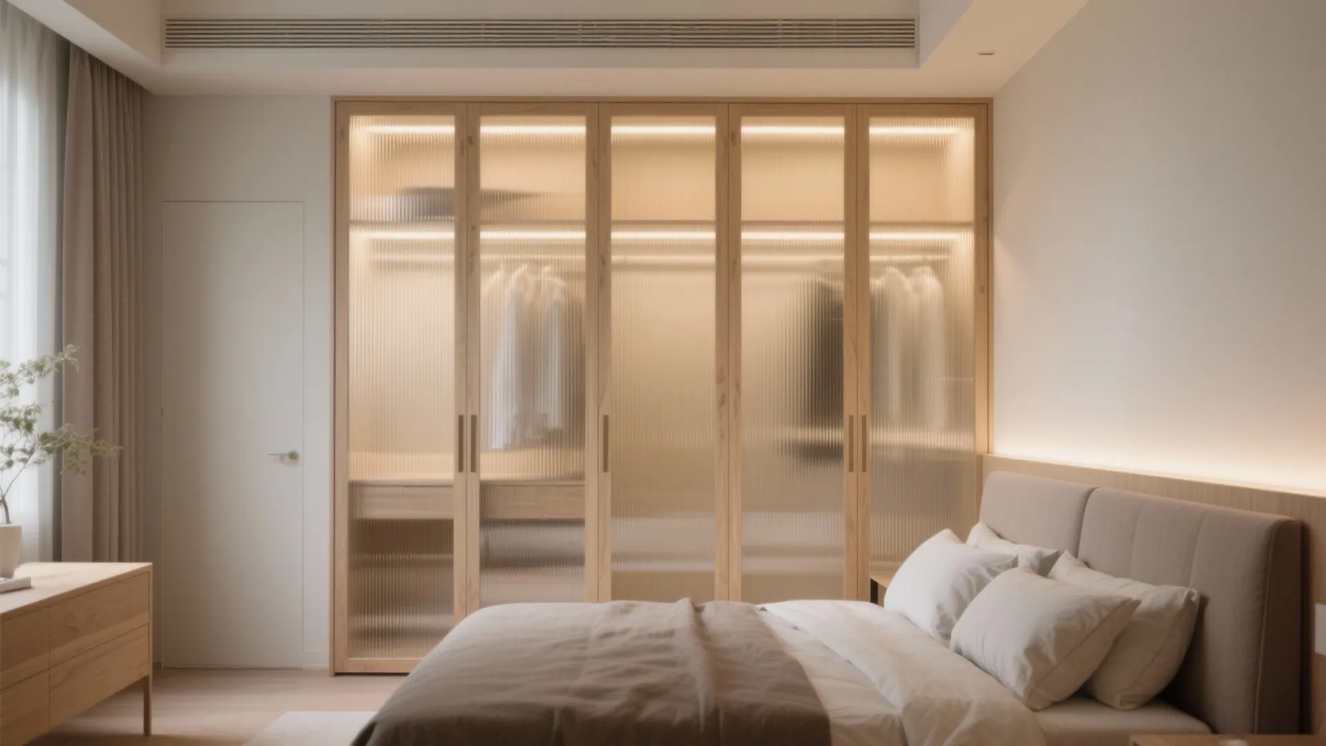 Glass wardrobe doors and bright backlighting