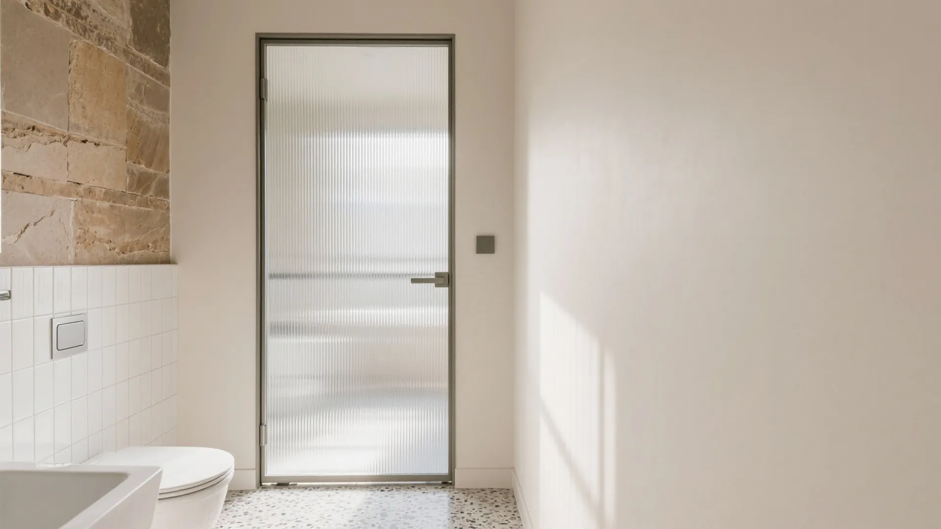 Minimalist bathroom with a reeded glass door white walls and a small white toilet seat