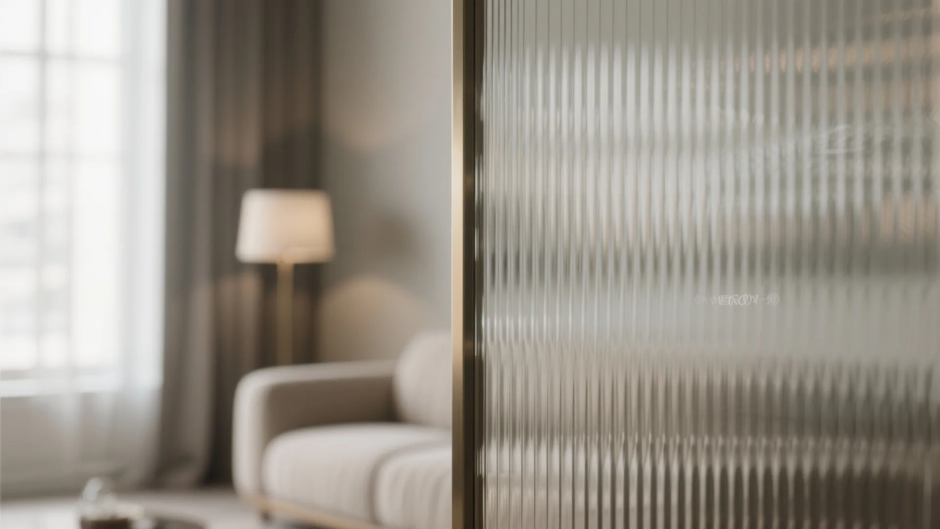 Close up of textured glass screen in living room with blurry sofa and floor lamp