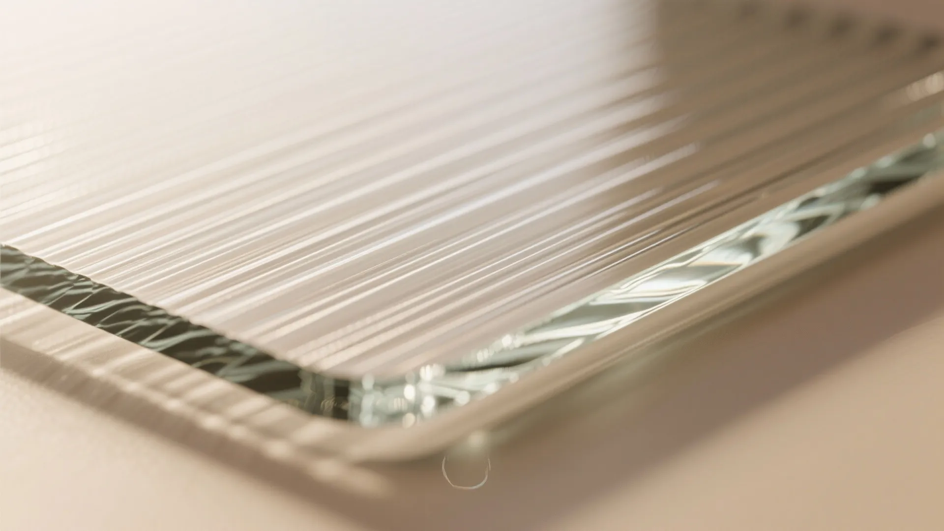 Close up view of a textured glass panel showing vertical lines and light reflection details