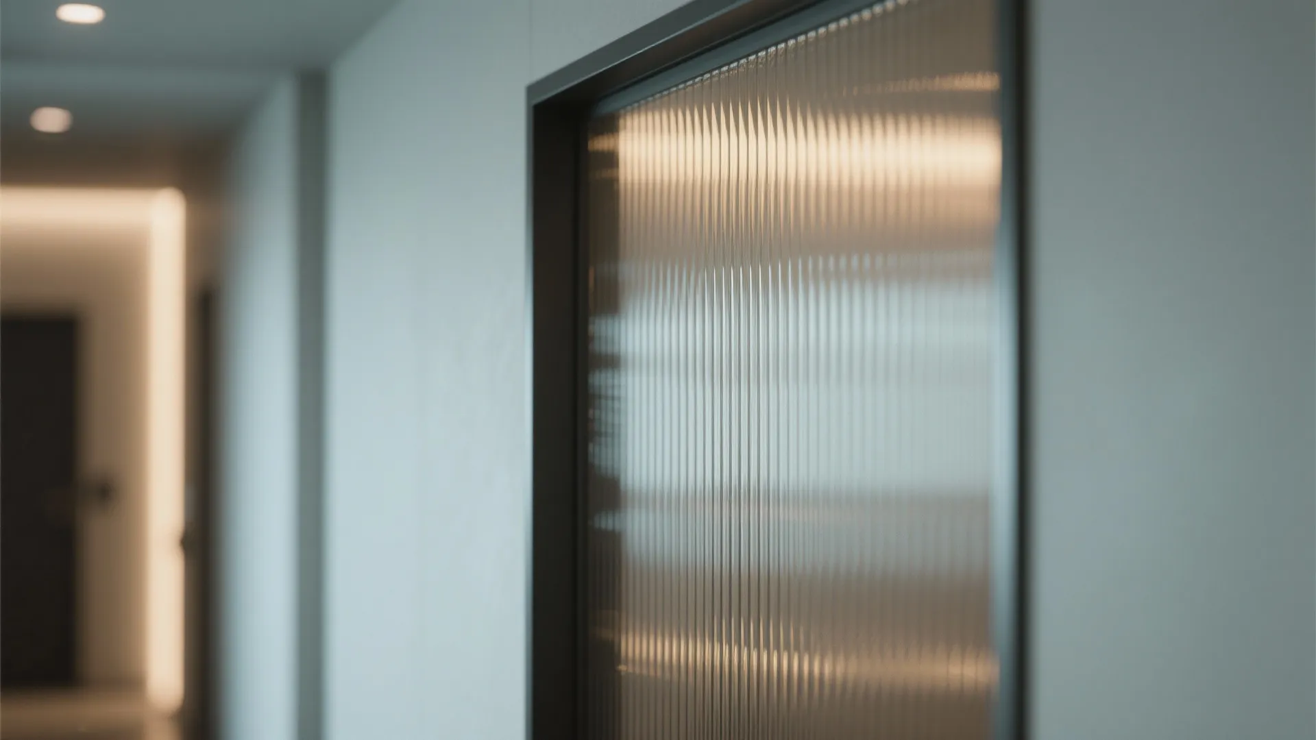 Textured glass panel in a black frame showing a blurry view of a bright hallway