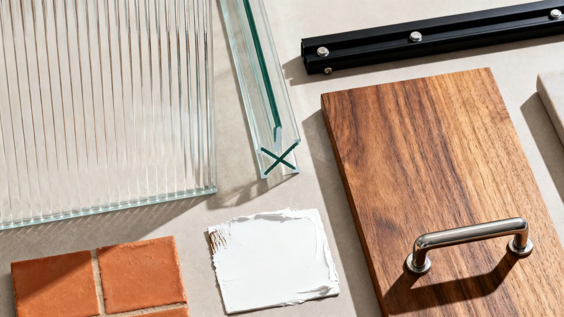 Material flat lay with reeded glass, hardware, teak, paint, tile for a Kerala kitchen.