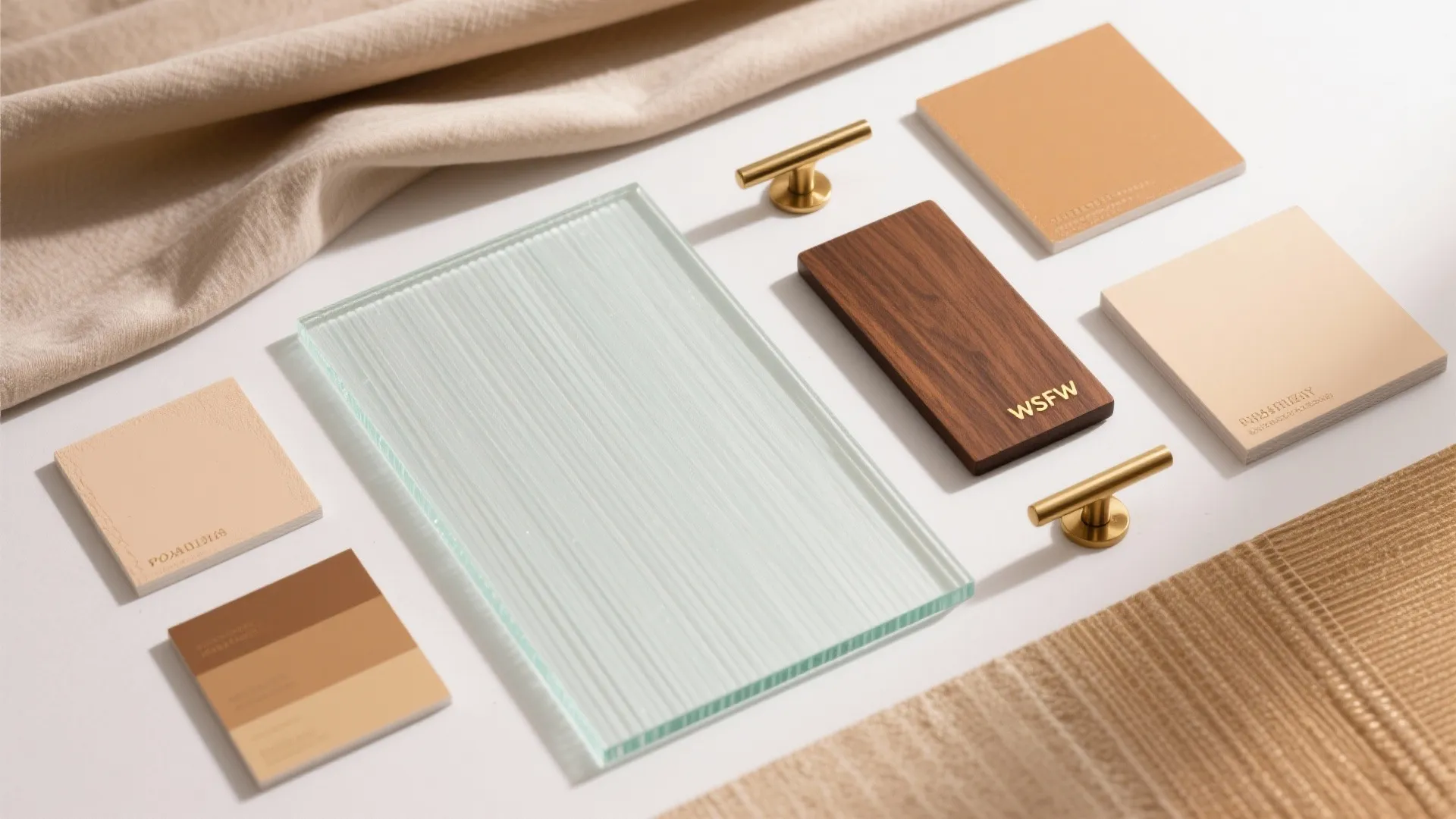 Material mood board showing ribbed glass wood sample brass handles beige fabric and neutral color