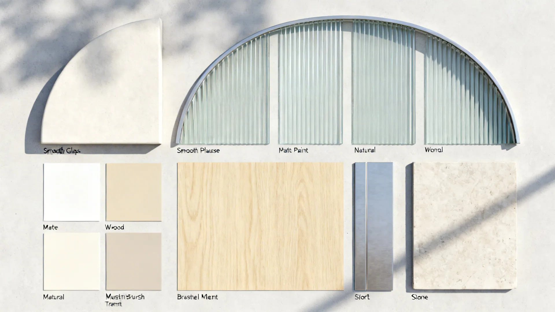 Top-down materials for an elliptical POP arch with reeded glass, warm neutrals and pale oak.