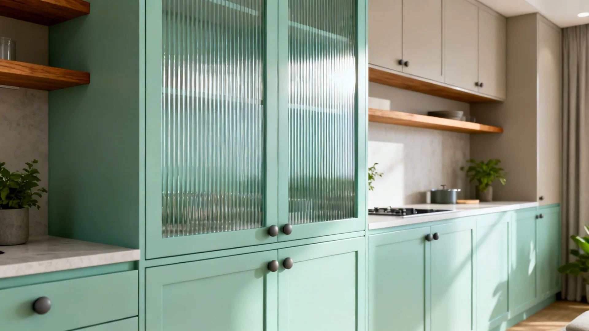 Studio kitchen with vertical reeded mint glass cupboard doors that diffuse light and hide clutter.
