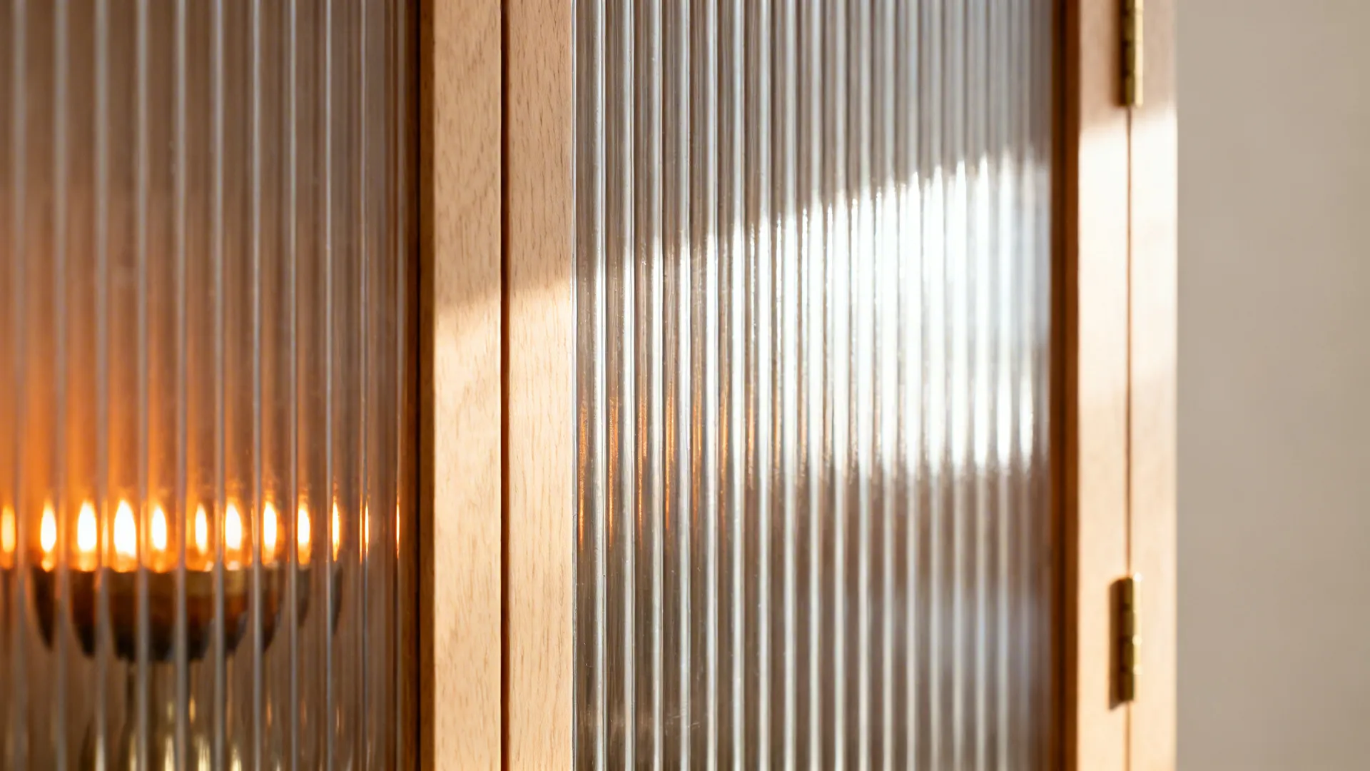 Close up of a ribbed glass cabinet door with light wood frame and warm inside lighting