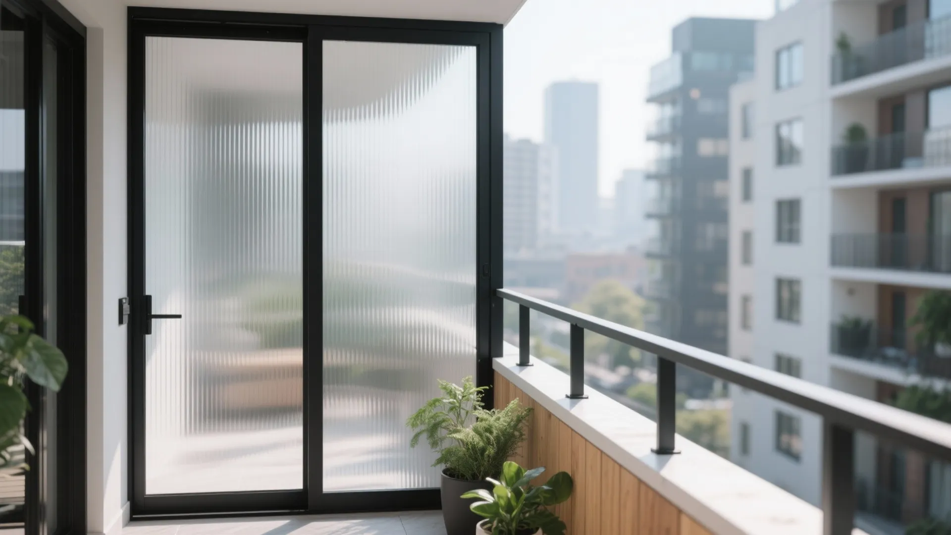 Balcony view through a sliding glass door with ribbed texture wood paneling and green plants