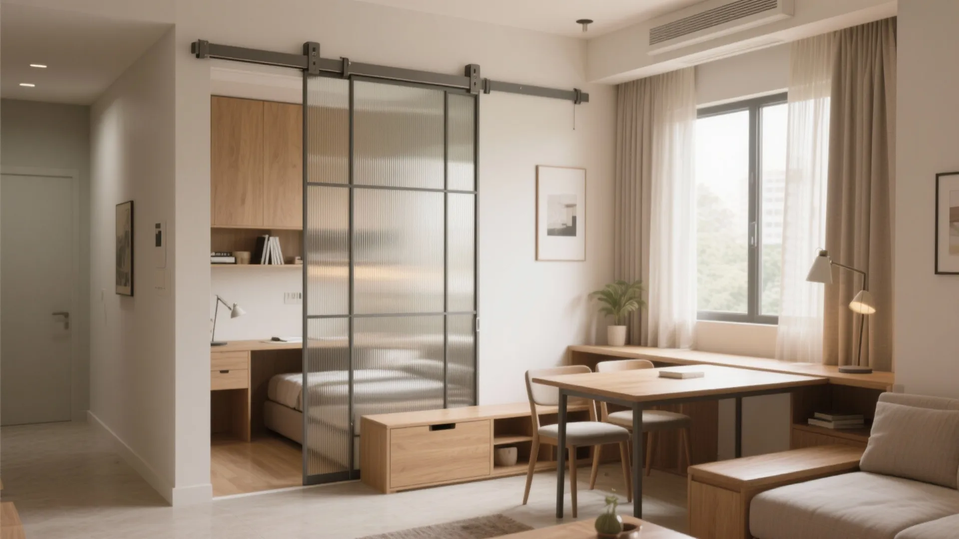 Sliding partitions and convertible furniture