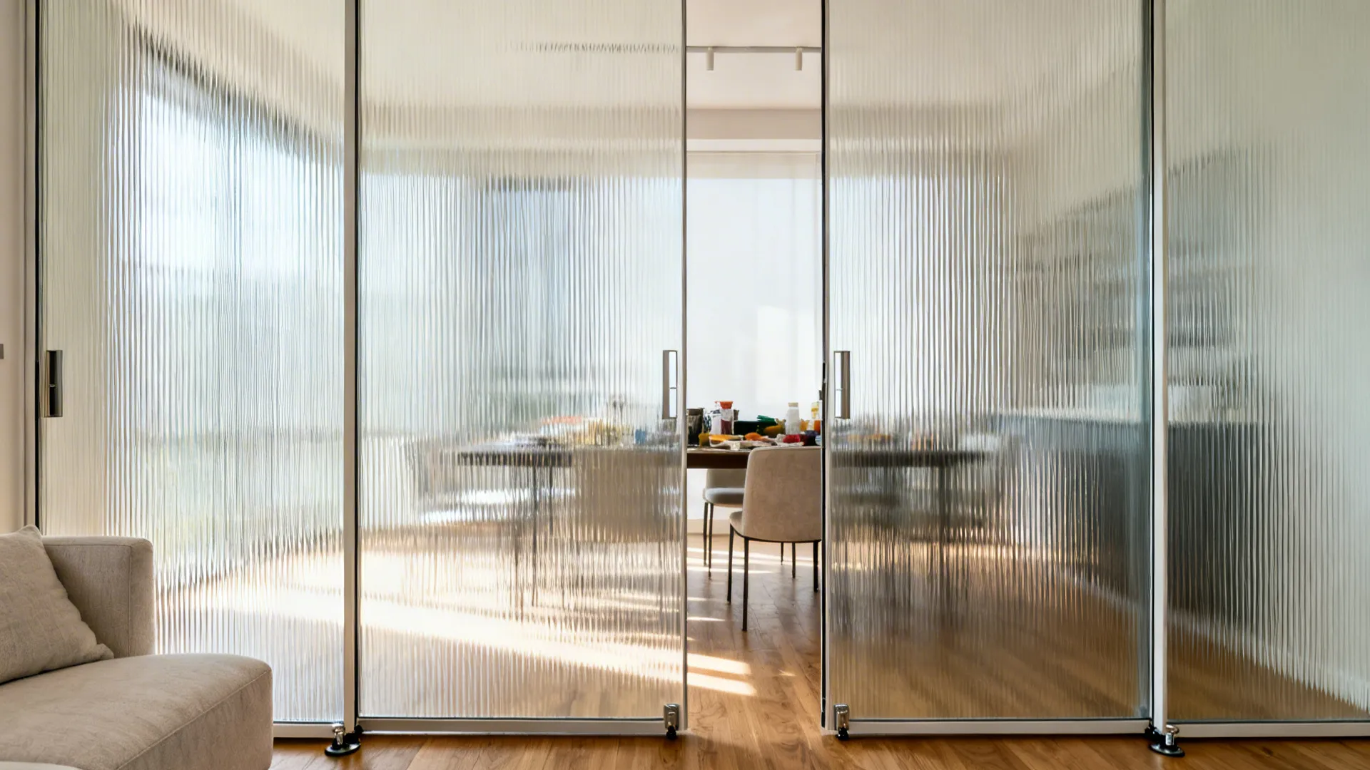 Frameless pivot doors with reeded glass blur the dining room while brightening the living space.