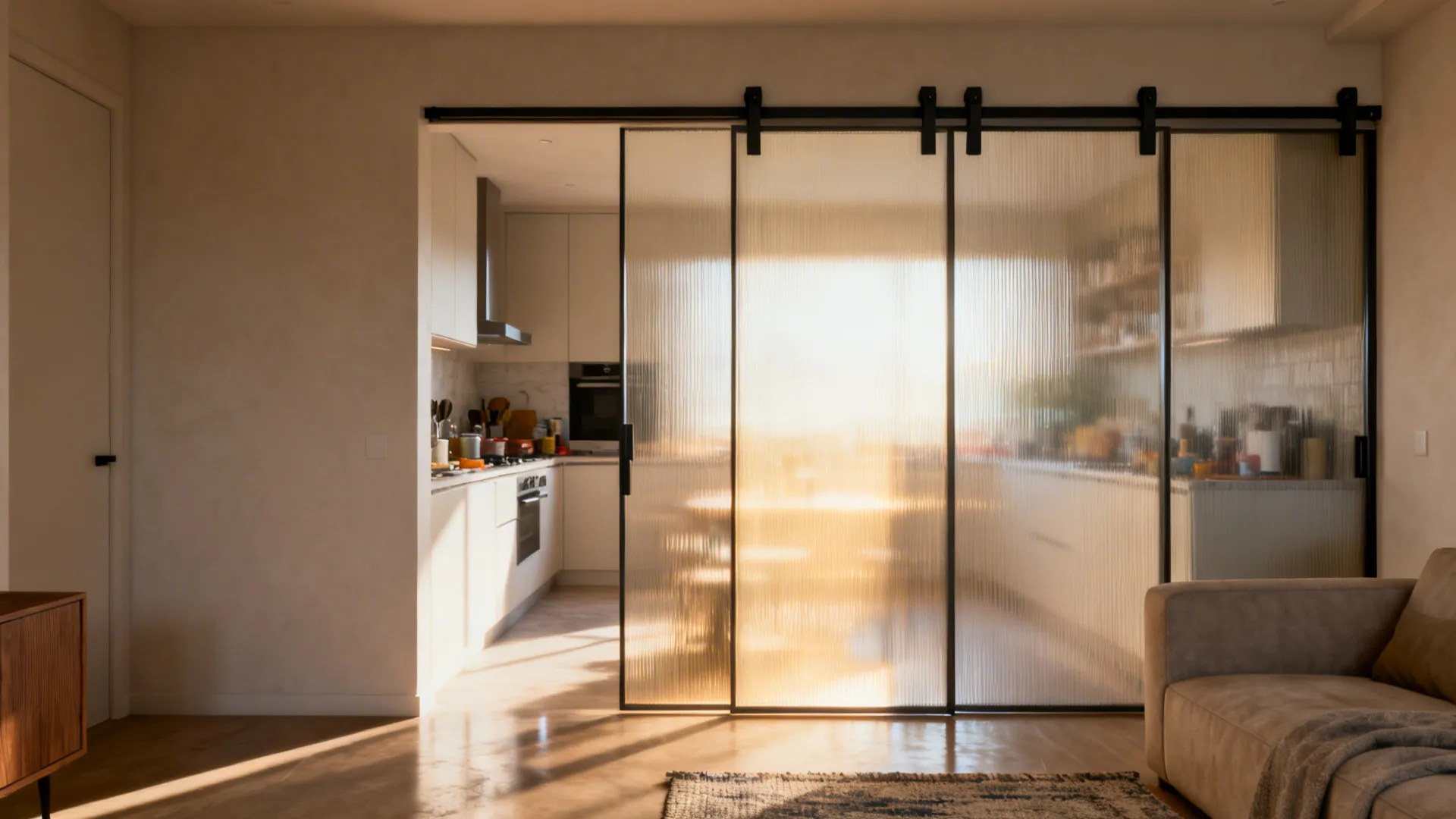 Reeded-glass sliding pocket doors softly separate a small kitchen and living area.